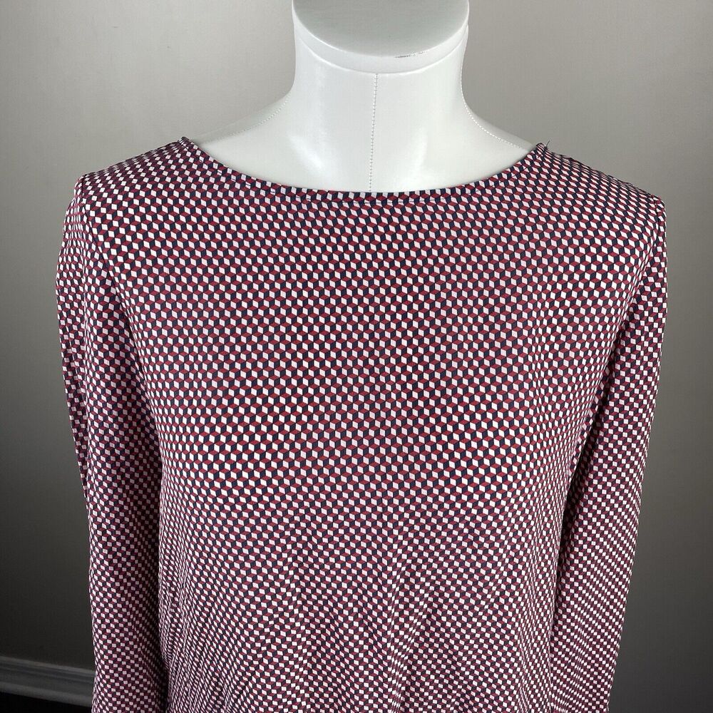 Theory M Luxury Silk Blouse Red Cubism Print Tunic Workwear Office Preppy